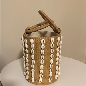 Beige Woven Basket Bag with Shell Accents